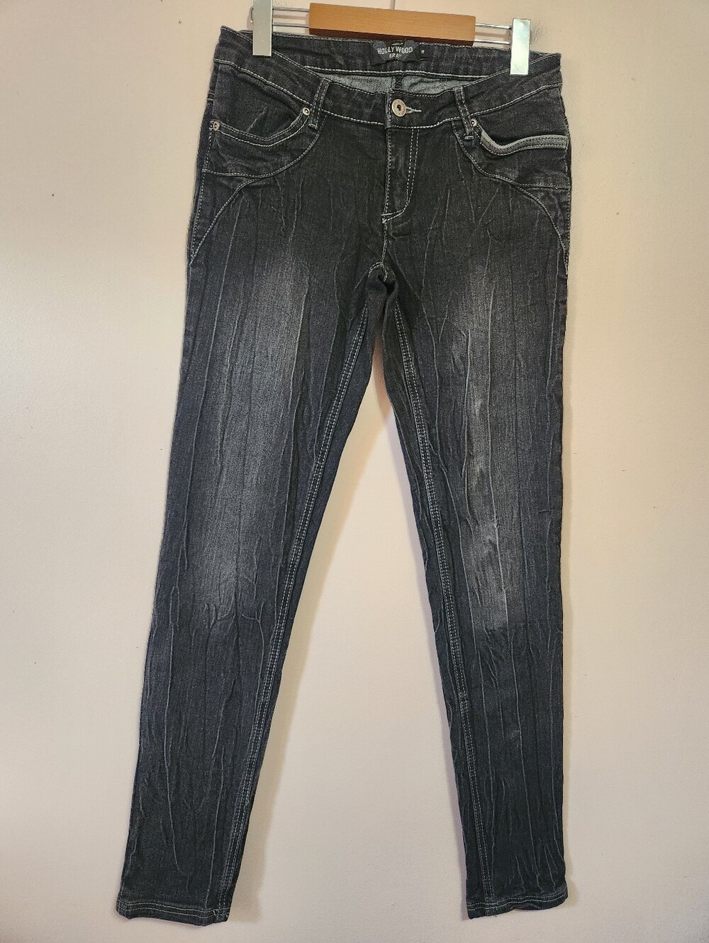 Y2K Hollywood Era Black Distressed Wash Embellished Skinny Jeans Contrast Stitch